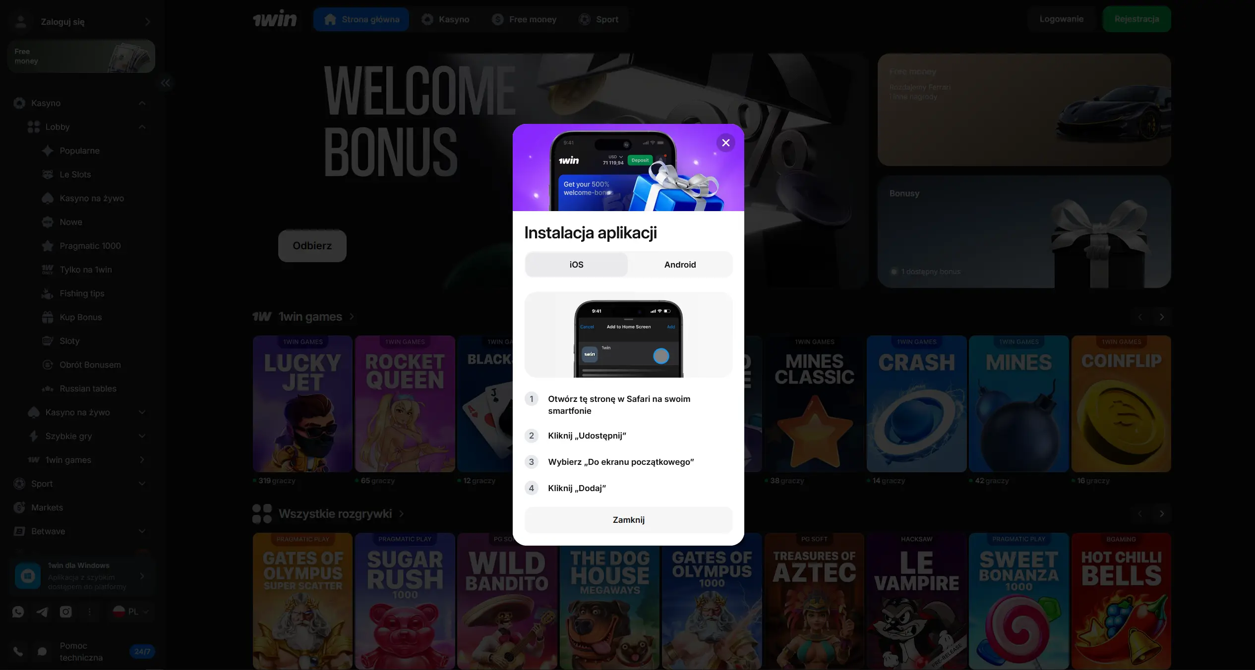 iOS bez sklepu: skrót w Safari do 1Win